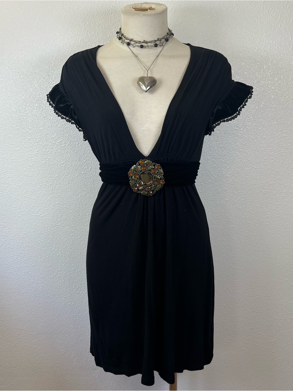 Vintage Black Deep V Empire Waist Dress with Decorative Buckle